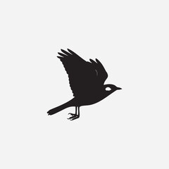 Black silhouette of a crow with spread wings flying through the air, a vector nature illustration of a wild bird with dark feathers and sharp beak isolated on a white background