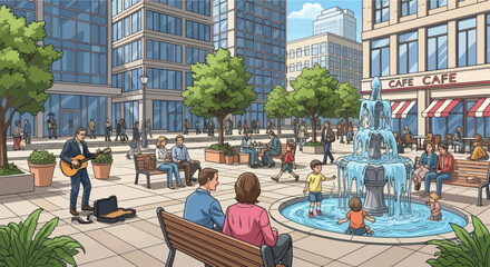 Urban plaza with fountain, cafe, and people enjoying a sunny day © Leo