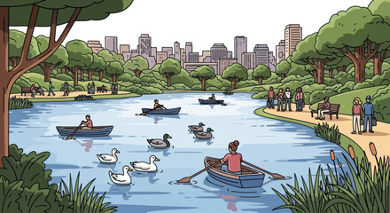 People rowing boats and ducks swimming in a park lake with city skyline background © Leo