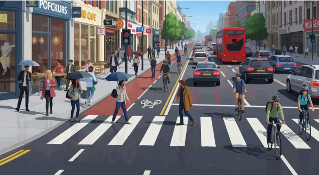Busy London street with cyclists, pedestrians and red bus crossing a busy road