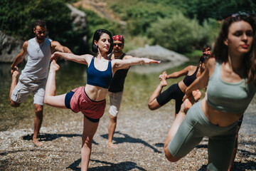 Fototapeta premium A group of friends practice yoga on a pebbled riverbank, with a woman in a blue top balancing in tree pose. Others stretch and balance around her in a bright, outdoor fitness scene.