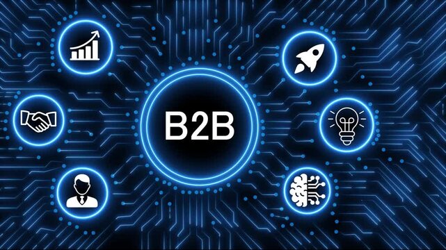 Digital technology concept with glowing neon circuit board radiating from a central processor displaying the word B2B surrounded by business.4k animation 