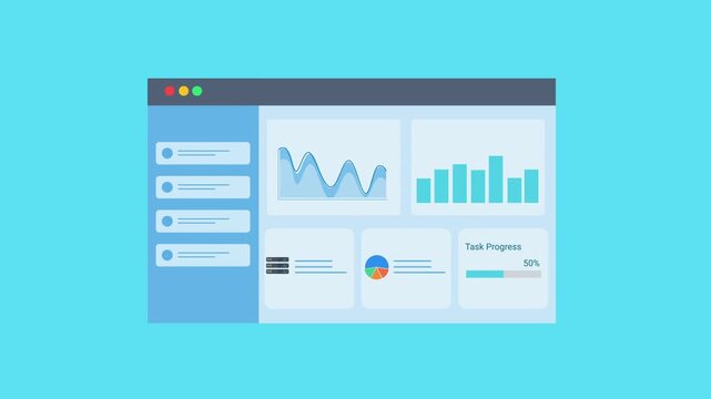 Animated flat dashboard interface with charts, graphs, and data panels inside a browser window. Concept of data analytics, business reporting, statistics monitoring, and digital technology visualizati