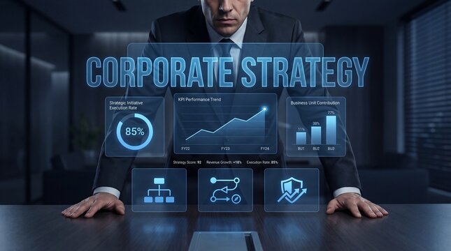 A person in formal attire studies digital performance charts on a screen in a modern office. The charts show key performance indicators and business metrics