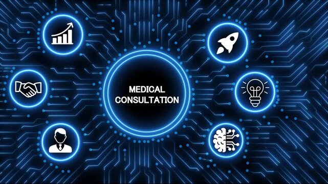Digital technology concept with glowing neon circuit board radiating from a central processor displaying the word medical consultation surrounded by business.4k animation 