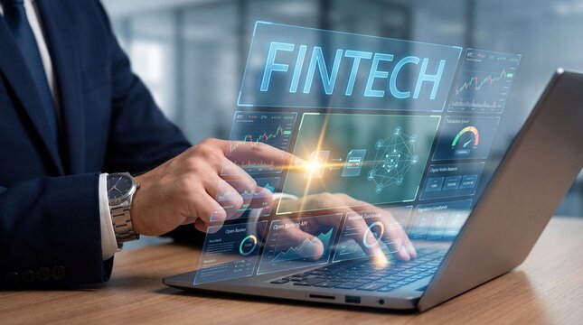 A person is working on a laptop in an office. They are exploring fintech graphics and data on the screen. The focus is on technology and finance in a modern environment