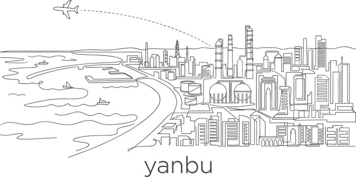 Yanbu Saudi Arabia city skyline and industrial port line art illustration with airplane flying over coastal landscape.