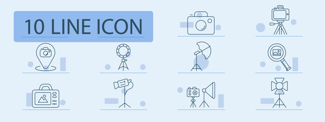 Photo studio set icon. Outline photography symbols, camera pin, ring light tripod, video camera, light softbox, monitor image, handheld camcorder, studio lamps © Кирилл Макаров