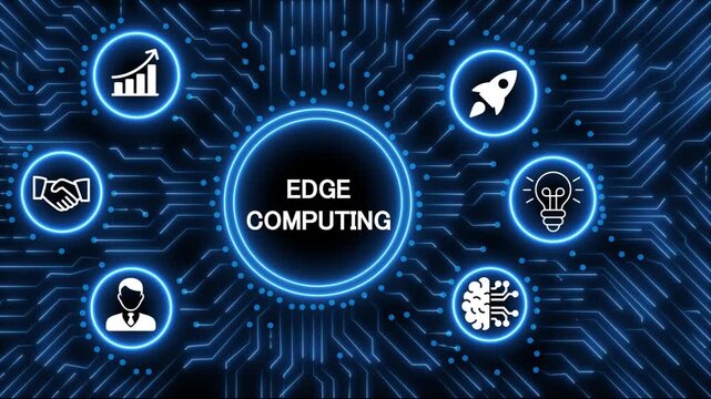 Digital technology concept with glowing neon circuit board radiating from a central processor displaying the word edge computing surrounded by business.4k animation 