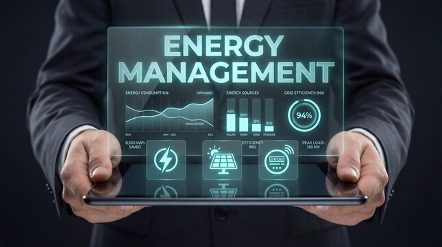 A person presents a tablet that shows various data points about energy management. The screen includes charts and details on energy sources, consumption, and efficiency