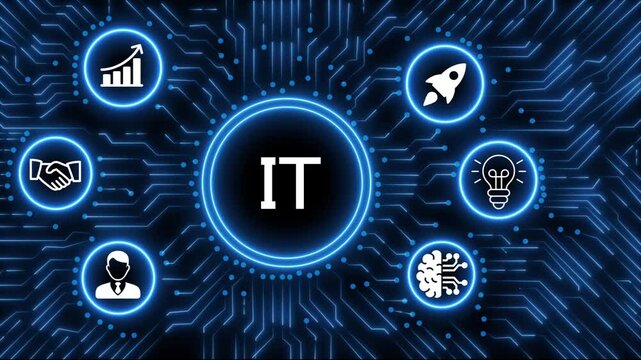 Digital technology concept with glowing neon circuit board radiating from a central processor displaying the word IT surrounded by business.4k animation 