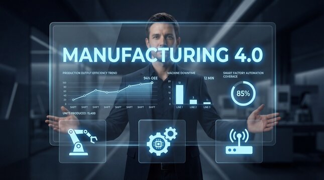 A man stands in front of a digital screen displaying data related to manufacturing 4.0. Charts show production trends and machine efficiency metrics. The setting is a modern factory