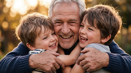 Grandpa hugging two grandsons with joy, elderly man embracing small boys, family bonding, senior love, happy childhood together