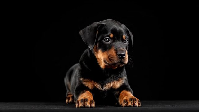 Cute rottweiler puppy lying on a black background and looking curiously around while whimpering softly. Concept of small pet care and purebred animals