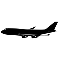 Commercial airplane flying in clear sky black and white minimalist illustration