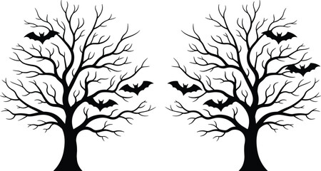 Obraz premium Two black silhouette trees with multiple bats flying around their branches on white background silhouettes