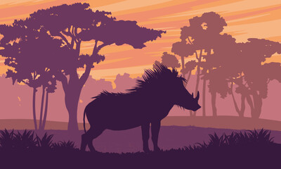 Warthog Silhouette in African Savanna Landscape at Sunset, Wild Boar in Nature Habitat with Acacia Trees, Safari Wildlife Vector Illustration Background