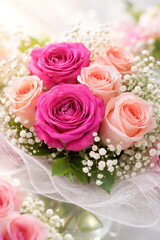 Obraz premium Elegant bouquet of pink and peach roses with delicate baby's breath flowers arranged in soft romantic style. 