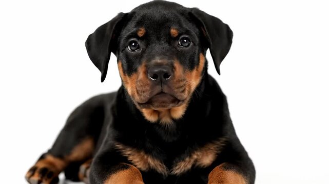 Cute rottweiler puppy lying on a white background and looking curiously into the camera while tilting its head. Concept of small pet care and purebred animals