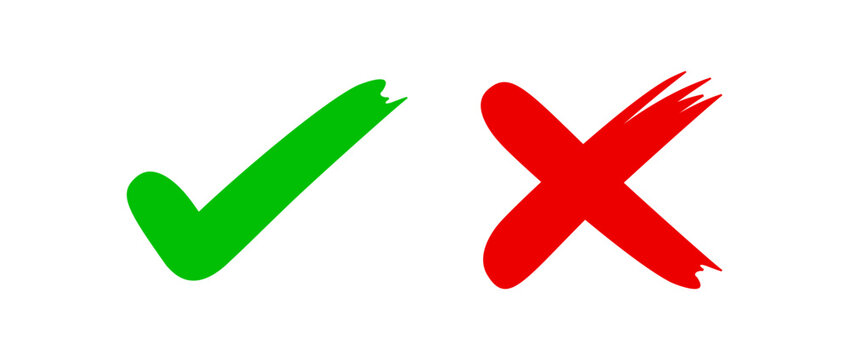 Green check mark and red cross symbol representing correct and incorrect, approval and rejection. Ideal for infographics, decision making, quality control, validation, and evaluation concepts