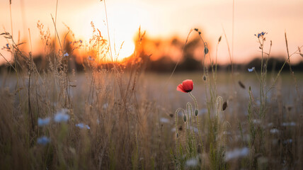 Naklejka premium Single Red Poppy Flower In A Field At Sunset With Soft Focus photo 8hxo7dsdtw