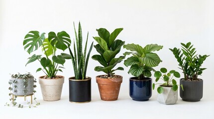 Obraz premium Collection of various potted houseplants including Monstera and Snake Plant arranged in modern planters for home decor and interior design isolated on white