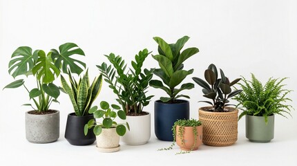 Obraz premium Collection of diverse houseplants in modern pots arranged on a white background perfect for interior design and home decor concepts