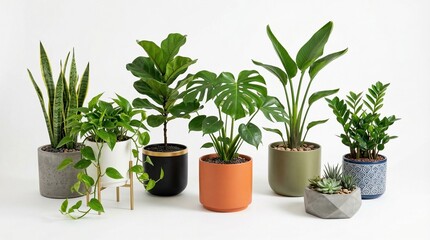 Obraz premium Collection of diverse potted houseplants including snake plant monstera and fiddle leaf fig styled in modern planters for home decor and interior design