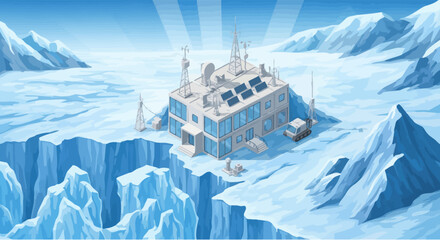 Arctic Research Station With Solar Panels and Vehicle in Frozen Landscape © Maryati