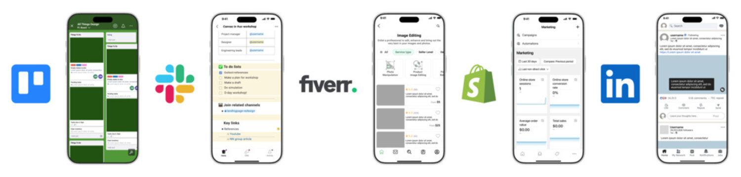 Trello Trello Slack Slack Fiverr Fiverr Shopify Shopify LinkedIn LinkedIn Business Apps Interface