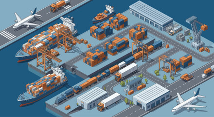 Isometric Container Port with Ships, Trains, Trucks, and Airplanes © Maryati