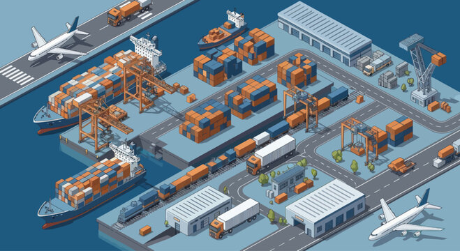 Isometric Container Port with Ships, Trains, Trucks, and Airplanes