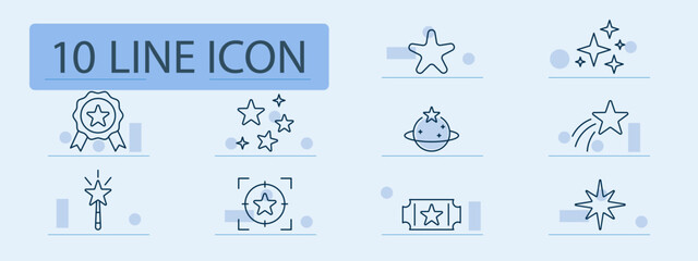 Star set icon. Outline rating symbols, single, sparkle, award badge, cluster, planet star, magic wand, target, ticket, shining starburst. © Кирилл Макаров
