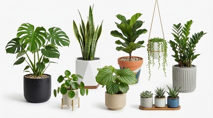 Obraz premium Diverse collection of potted houseplants displayed in modern minimalist planters ideal for interior design home decor and e-commerce visuals