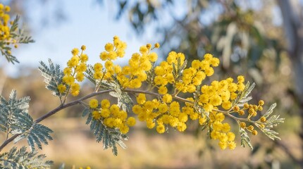 Obraz premium Vibrant blooming wattle mimosa branch in yellow representing nature growth in spring [with copy space] 