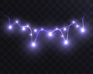 Fototapeta premium Glowing violet Christmas light garland string isolated on transparent background. 