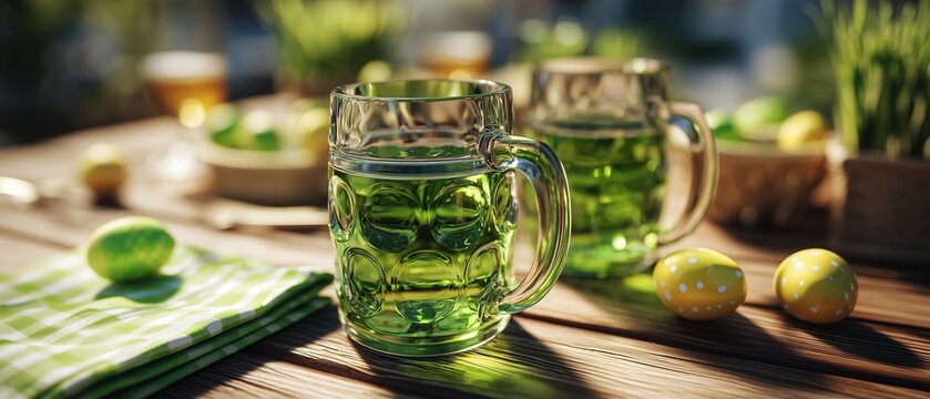 Faceless green beer mugs on a picnic table with spring decorations for Easter celebration