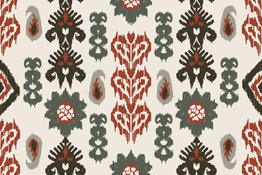 Rustic Ikat Seamless Pattern Traditional Uzbek Style Textile Background.Ethnic Boho Tribal Pattern Paisley Ikat Design.Abstract Floral and Paisley Motif.Vintage Asian Textile Seamless Ornamental Print