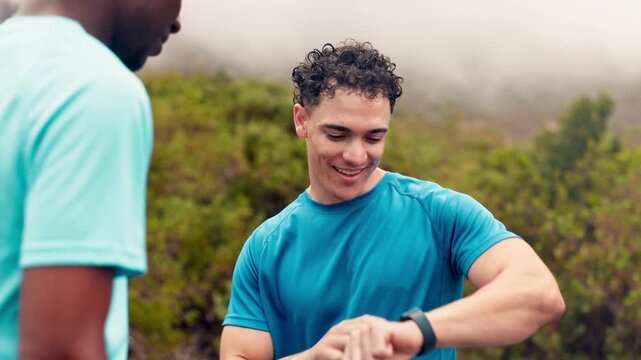 Men, handshake and runner in forest for fitness with motivation, milestone and trail running. People, personal trainer and shaking hands with smart watch, success or timer app for exercise in nature