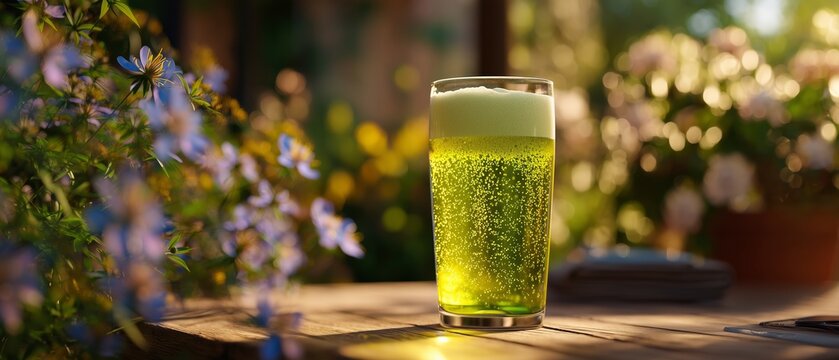 Frothy green beer sits on a patio table under sunlight with spring flowers in the background