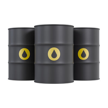 Oil barrels container set 3D render showing three black metal petroleum drums with yellow oil drop symbols, front view aligned and centered in frame, isolated on transparent background, ideal for fuel