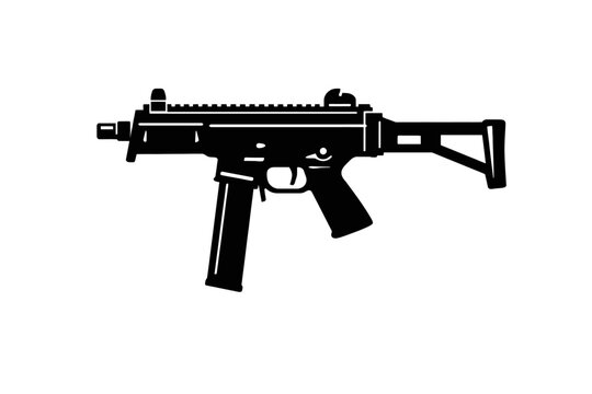 Modern compact submachine gun (SMG) or pistol-caliber carbine (PCC) black vector silhouette, highlighting tactical design with an extended magazine, integrated rail system, ergonomic pistol grip, and