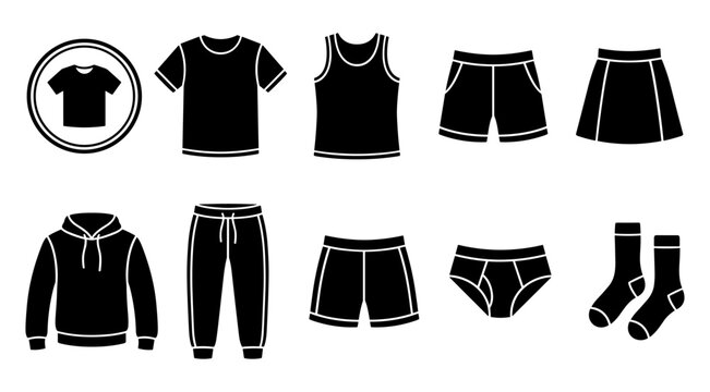 A set of black clothing icons on a white background, featuring various apparel items such as t shirts, shorts, underwear, socks, hoodie, and pants, perfect for design and editorial use.