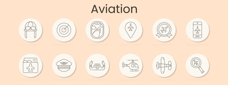 Aviation set icon. Pilot helmet, radar, airplane window, location pin, flight badge, mobile boarding pass, ticket, captain cap, control panel, helicopter, aircraft, search, air travel.