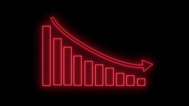 Neon downward bar chart with arrow animation on black background