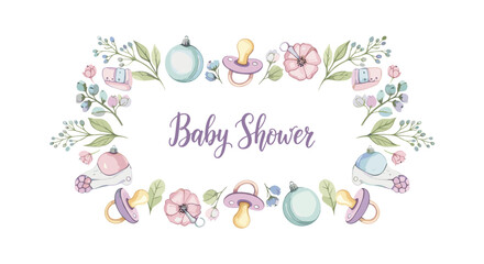 Baby Shower invitation with floral border and baby items in soft pastel colors