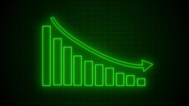 Neon downward bar chart with arrow animation on black background