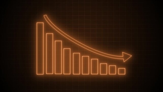 Neon downward bar chart with arrow animation on black background