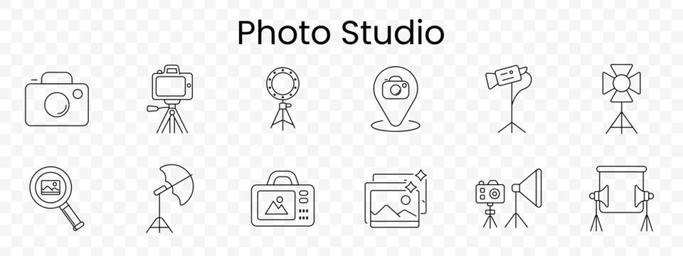 Photo studio set icon. Outline photography equipment, camera body, tripod camera, ring light, location pin camera, video light, studio lamp, magnifier photo, umbrella light, photo printer