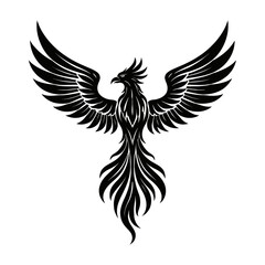 Fototapeta premium Majestic Black Phoenix with Grand Spread Wings, a Powerful Emblem of Rebirth, Resilience, and Mythical Strength. This Striking Stylized Vector Illustration Captures the Essence of Ancient Legends, End